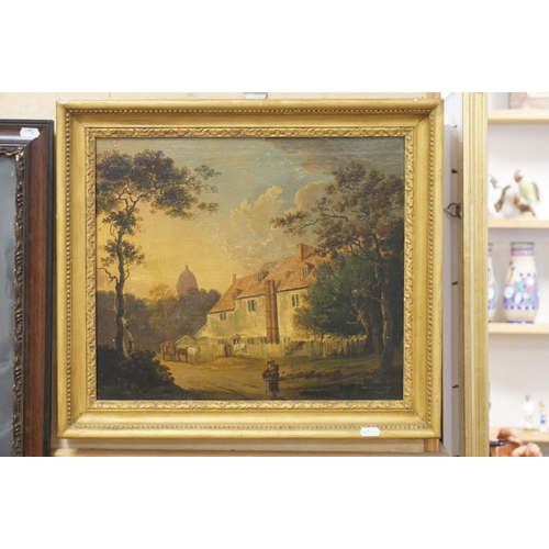 134 - A 19th century oil on canvas rural scene with figures by cottages with horse andcart. 36 x 40 .