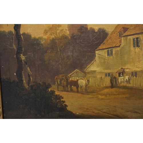 134 - A 19th century oil on canvas rural scene with figures by cottages with horse andcart. 36 x 40 .