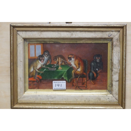 141 - Oil on Board, Satirical scene of a Troop of Monkeys seated at a dining table