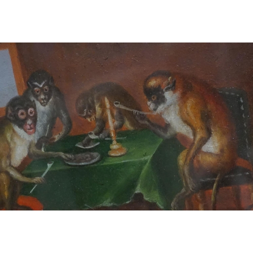 141 - Oil on Board, Satirical scene of a Troop of Monkeys seated at a dining table