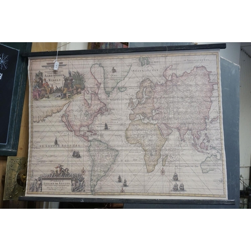 147 - Canvas Hanging Banner depicting an Antique Map of the World after Gerard van Keulen, supported on wo... 