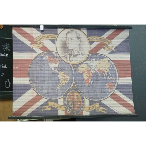 148 - Canvas Hanging Banner depicting the coronation of Edward VIII, supported on wooden poles, 95cms x 70... 