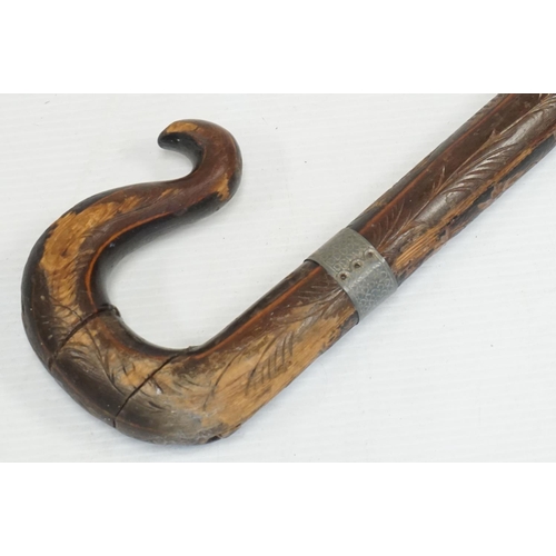 150 - Early 20th century Black Forest Pine Walking Stick with Shepherd Crook Handle