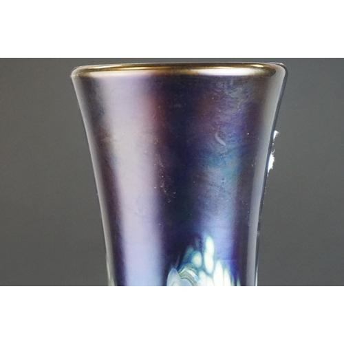 153 - Two Okra art glass iridescent patterned vase, tallest 24cms high