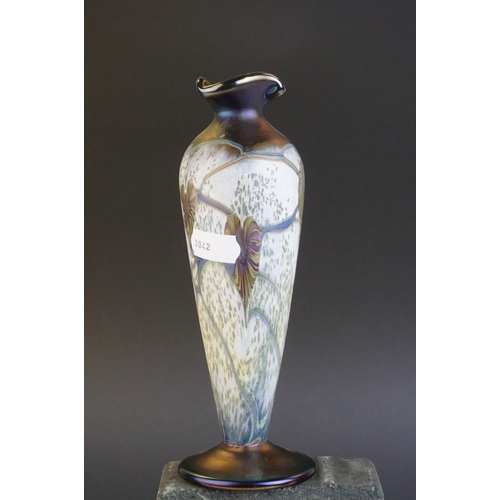 153 - Two Okra art glass iridescent patterned vase, tallest 24cms high