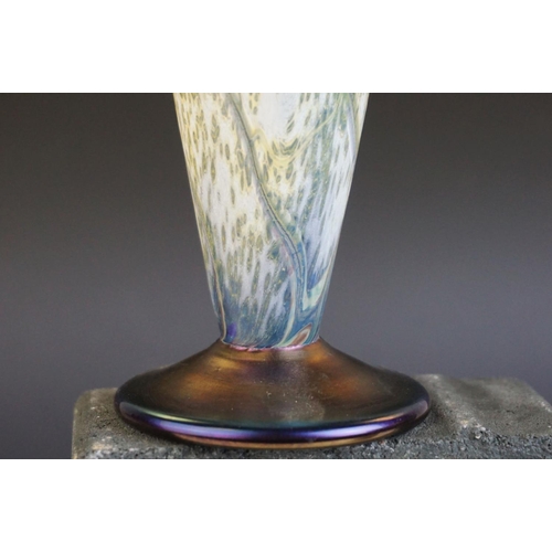 153 - Two Okra art glass iridescent patterned vase, tallest 24cms high