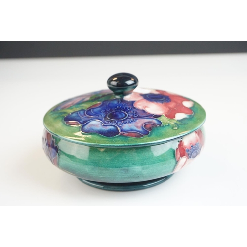 16 - Moorcroft Lidded Squat Jar in the Anemone pattern on green ground, impressed ' Moorcroft ' and ' Mad... 