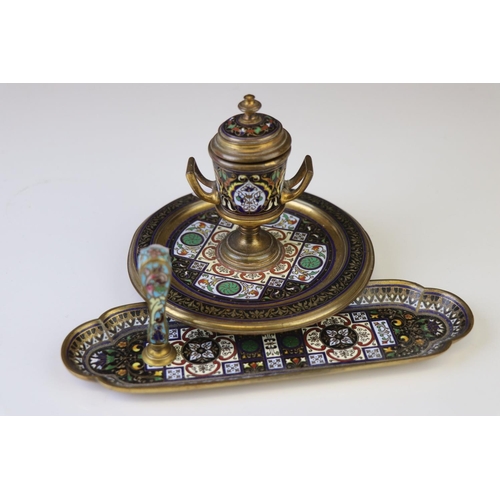 169 - A vintage cloisonne desk set to include inkwell, pen tray and seal.