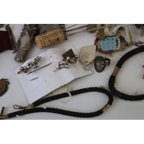 191 - A box of mixed collectables to include Albert chains, vintage costume jewellery and hat pins.