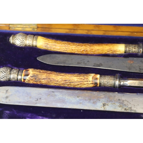 214 - A cased Mappin & Webb carving set with antler handles and hallmarked silver mounts together with a s... 