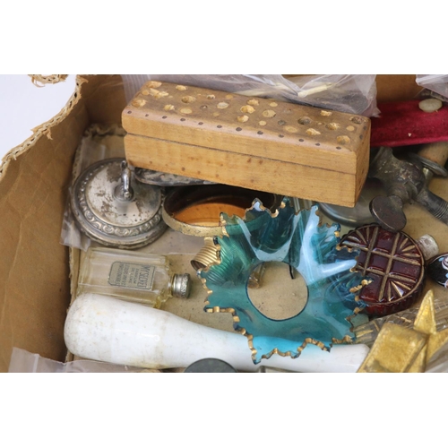 215 - A box of mixed collectables to include scent bottles, marbles and slides.