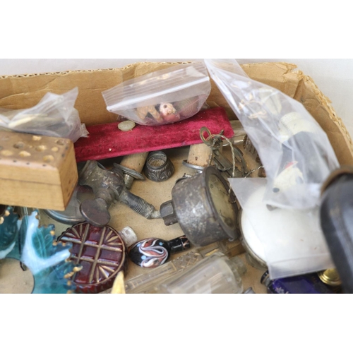 215 - A box of mixed collectables to include scent bottles, marbles and slides.