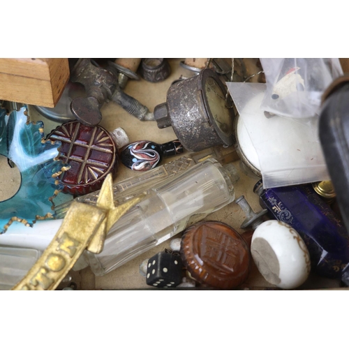 215 - A box of mixed collectables to include scent bottles, marbles and slides.