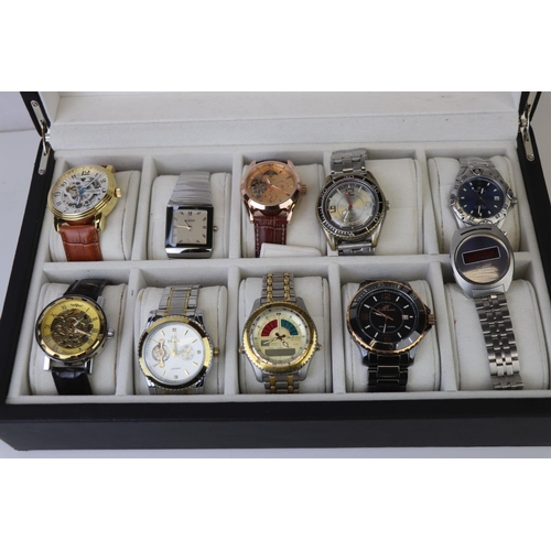 216 - Display Case with Ten Gents Wristwatches to include Klaus Kobel and Stuhrling Automatic, et