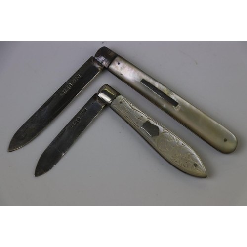 264 - Two fully hallmarked sterling silver fruit knives with mother of pearl handles.