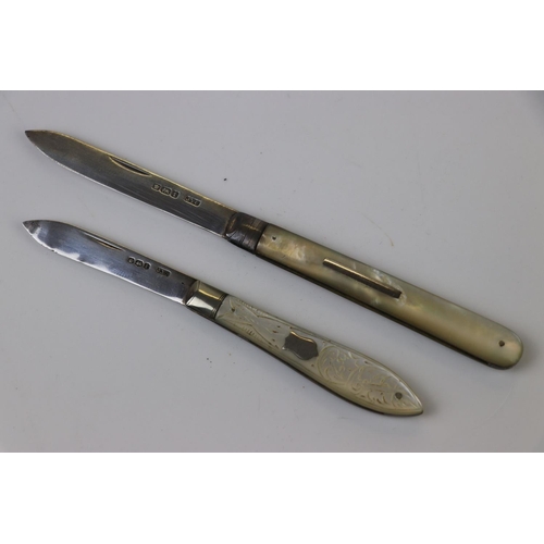 264 - Two fully hallmarked sterling silver fruit knives with mother of pearl handles.