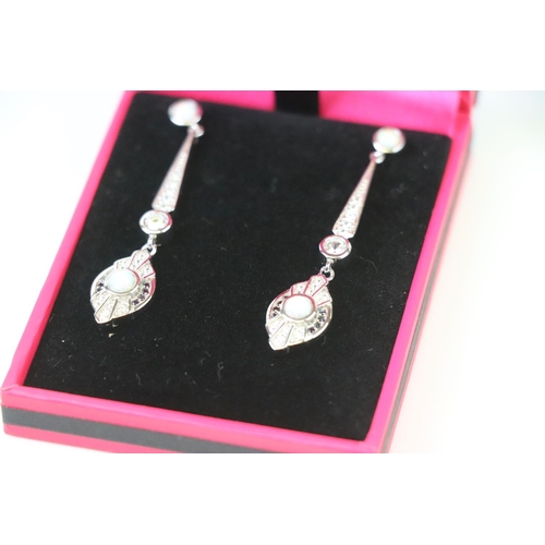 310 - Pair of Silver, CZ and Opal paneled Art Deco style Drop Earrings