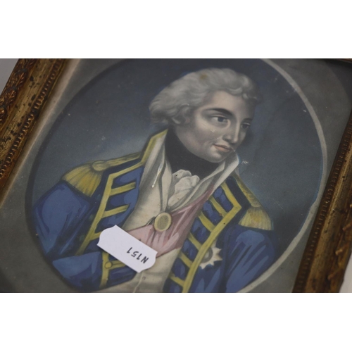 324 - A pair of framed and glazed portraits of a naval officer, possibly Nelson.