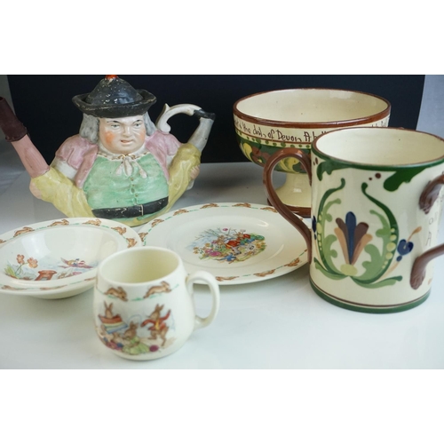 33 - Ceramics including Torquay Mottoware Three Handled Mug and Footed Bowl, Royal Doulton Bunnykins Plat... 