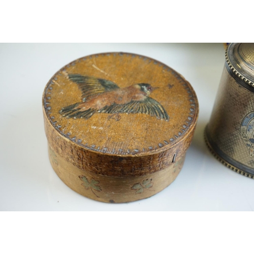 34 - 19th century Silver Plated Oval Tea Caddy, 12cms high together with Bentwood Box with Bird to lid, O... 