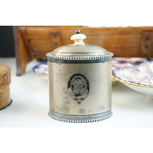 34 - 19th century Silver Plated Oval Tea Caddy, 12cms high together with Bentwood Box with Bird to lid, O... 
