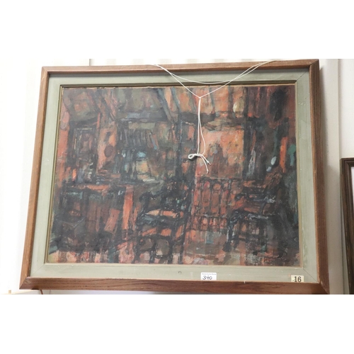 340 - Mid 20th century oil on board indistinctly signed and titled verso  interior scene. 50 x 65 cm.