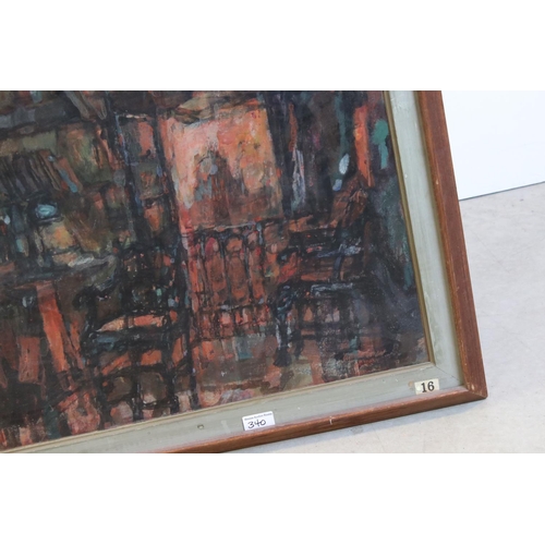 340 - Mid 20th century oil on board indistinctly signed and titled verso  interior scene. 50 x 65 cm.