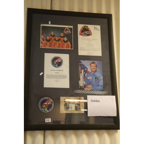 342 - A framed Space Shuttle ephemera group to include singed photo image of Colonel Mark N Brown,image of... 