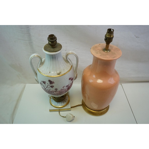 382 - A pink ground ceramic baluster shaped lamp together with a Richard Ginori urn shaped lamp with mask ... 