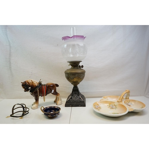 416 - A vintage brass effect oil lamp with shade and chimney,  an hors d'oeuvres triple dish, ceramic shir... 