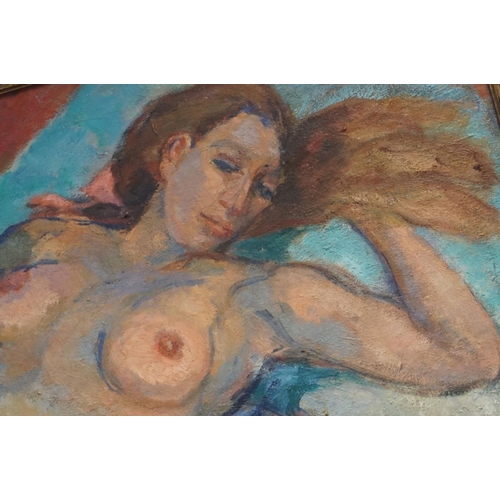 44 - A 20th century oil on canvas of a recumbent nude women 56 x 87 cm initialled A E C.