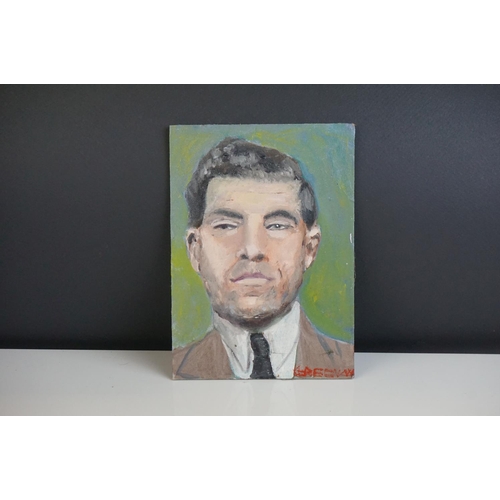 474 - Greenow oil on board portrait  of what is believed to be Gangster Lucky Luciano 18 x 12 cm.