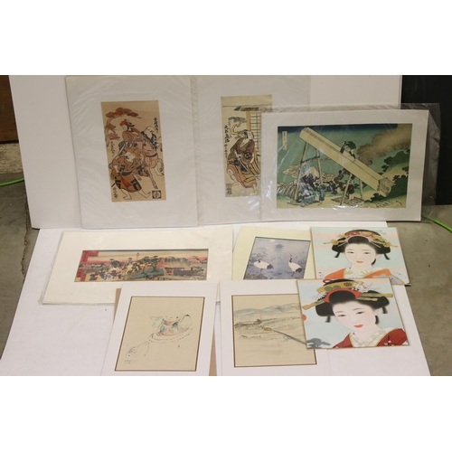 482 - Quantity of Japanese block prints to include Samurai Warrior,  Watercolours and other oriental print... 