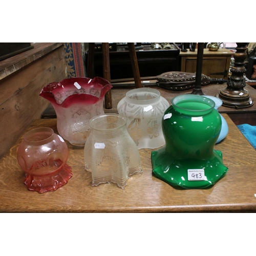 483 - Six antique glass oil lamp shades to include cranberry.