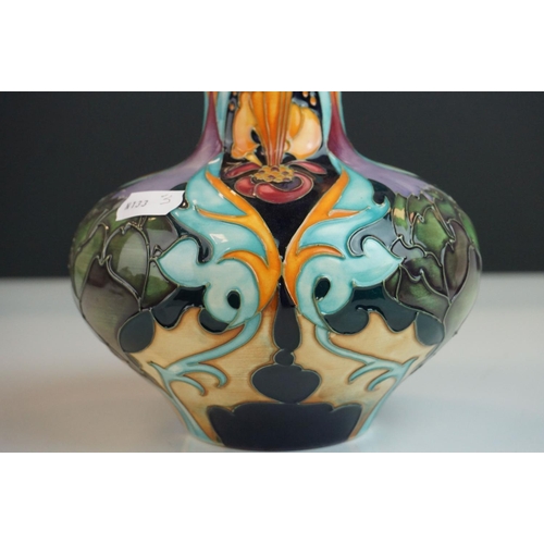 5 - Moorcroft Trial Piece Vase with a bee and thistles pattern, dated 16-9-10, 19cms high