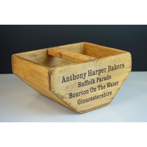 52 - Wooden Trug with central handle marked ' Anthony Harper Bakers, Bourton on the Water, Gloucestershir... 