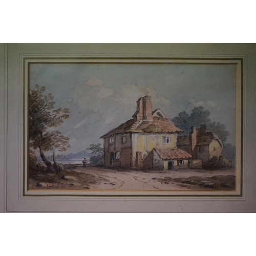 524 - John Varley 19th century watercolour rural scene  cottage and figure unsigned gallery label verso 14... 