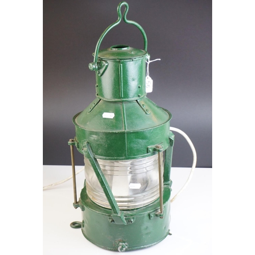 55 - Ships Lamp, green finish, converted to electric, 1930's, 54cms high (to top of handle)