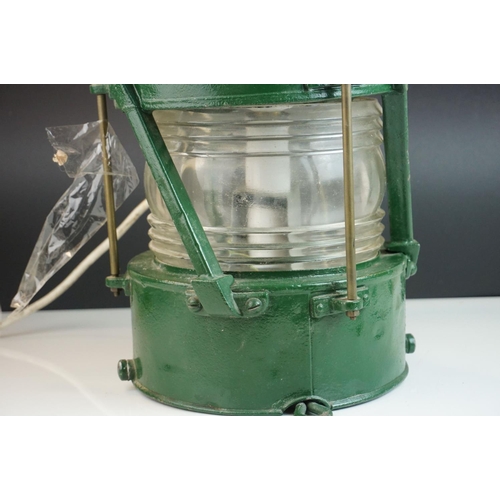 55 - Ships Lamp, green finish, converted to electric, 1930's, 54cms high (to top of handle)