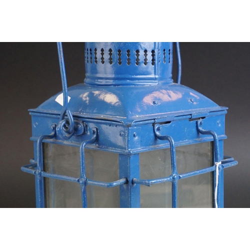 56 - Ships Lantern, Blue finish, 1930's, 48cms high (to top of handle)