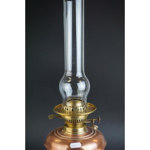 64 - Late 19th century Copper Oil Lamp with etched bulbous glass shade and chimney, 62cms high