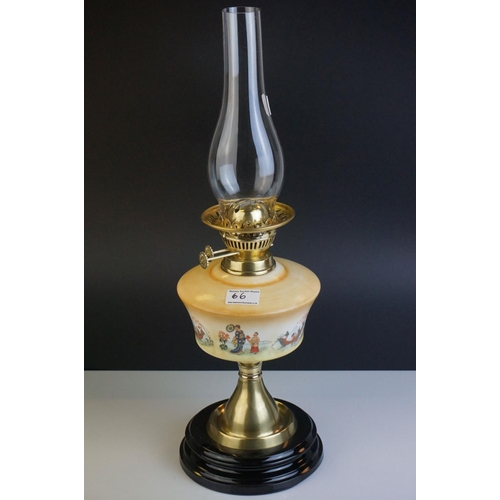 66 - Late 19th / Early 20th century Brass Oil Lamp with a yellow glazed ceramic well decorated with scene... 