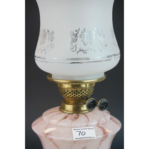 70 - Late 19th / Early 20th century Brass Oil Lamp with pink mottled glass well, etched fluted glass shad... 