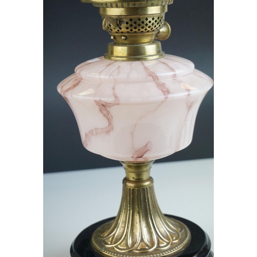 70 - Late 19th / Early 20th century Brass Oil Lamp with pink mottled glass well, etched fluted glass shad... 