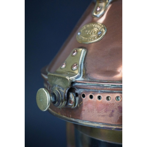 71 - Bulpitt of Birmingham Copper & Brass Flatback Ships Lamp, 1924, 56cms high (to top of handle)