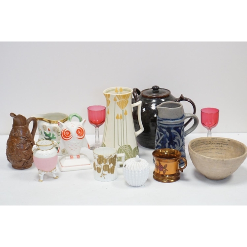 74 - Mixed Lot of Ceramics including Minton Secessionist Jug (a/f), Large Studio Pottery Teapot, other St... 