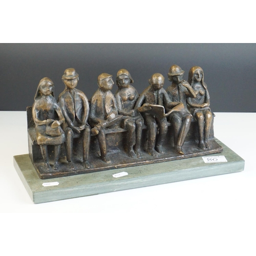80 - Catharini Stern 20th century bronze sculpture of a group of people seated on a bench, 36cms long inc... 