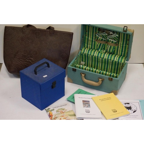83 - An East Additions leather designer bag singles record case a green case with handle etc.