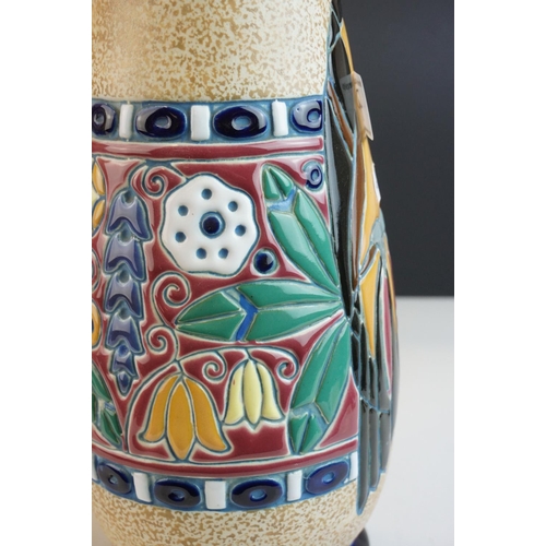 9 - Pair of Amphora Vases of baluster form, painted in coloured enamels with birds and foliage, marked t... 