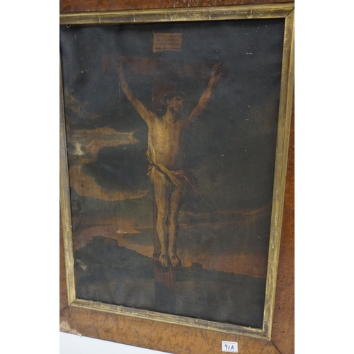 91a - 19th century Maple Framed Oleograph Pictures of the Crucifixion of Christ, 49cms x 69cms
